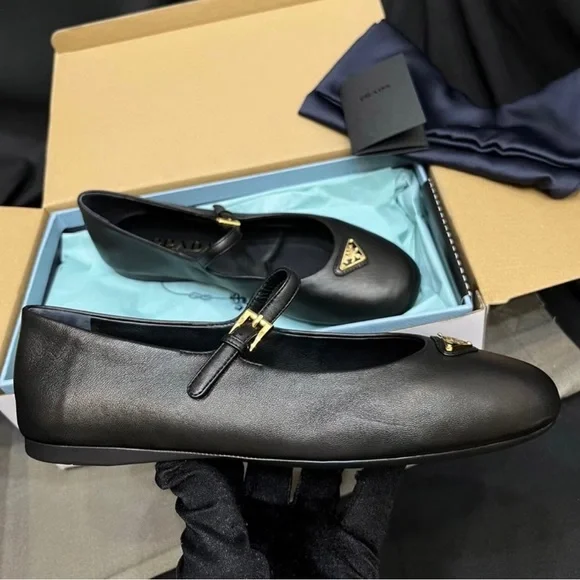 Prada Women's Black Leather Flats with Logo Detail - Picture 7 of 9